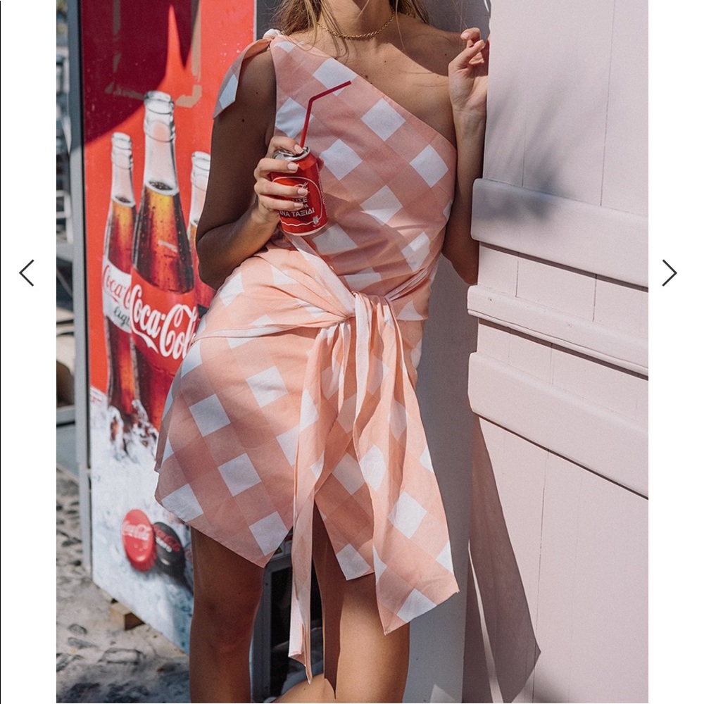 Sabo Skirt Peach and White One-Shoulder Gingham Tie-Waist Mini Dress